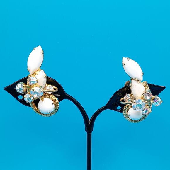 Vintage Milk Glass Ear Climber Clip Earrings, Gold Plated, 1960s, 1 1/2 In - Picture 1 of 10